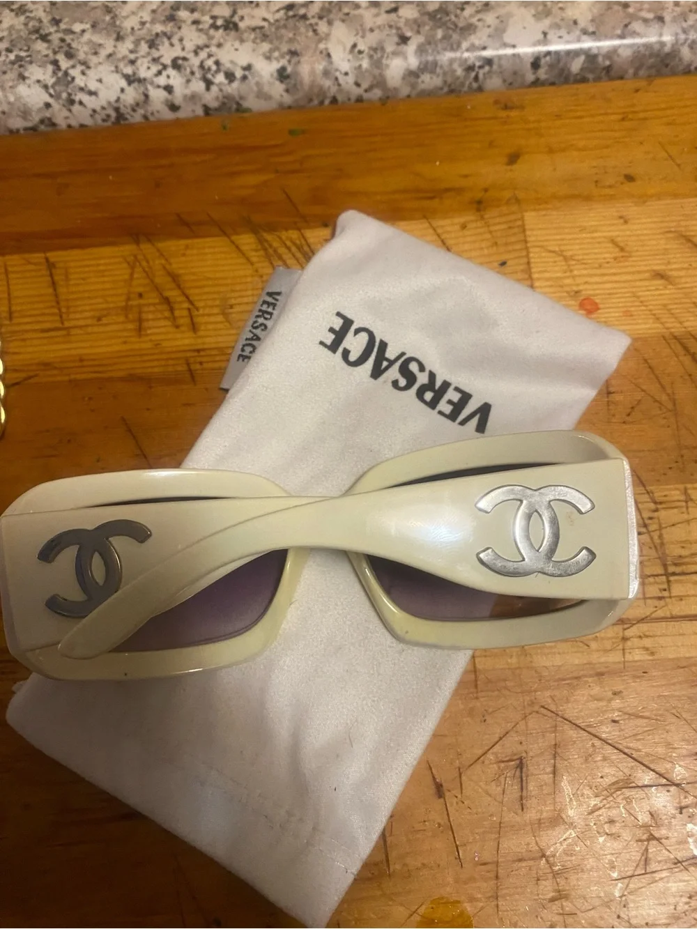 CHANEL Cream Sunglasses with Silver CC Logos